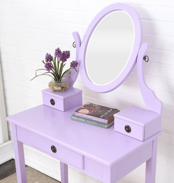 English Elm Moniys Wood Makeup Vanity Set with Oval Mirror Three Drawers and Upholstered Stool T2574P163832