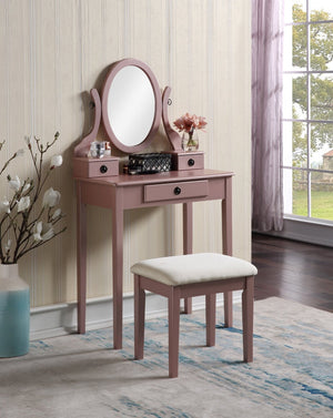 English Elm Moniys Wood Makeup Vanity Table with Swivel Mirror Three Drawers and Upholstered Stool Rose Gold T2574P163833