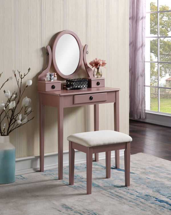English Elm Moniys Wood Makeup Vanity Table with Swivel Mirror Three Drawers and Upholstered Stool Rose Gold T2574P163833