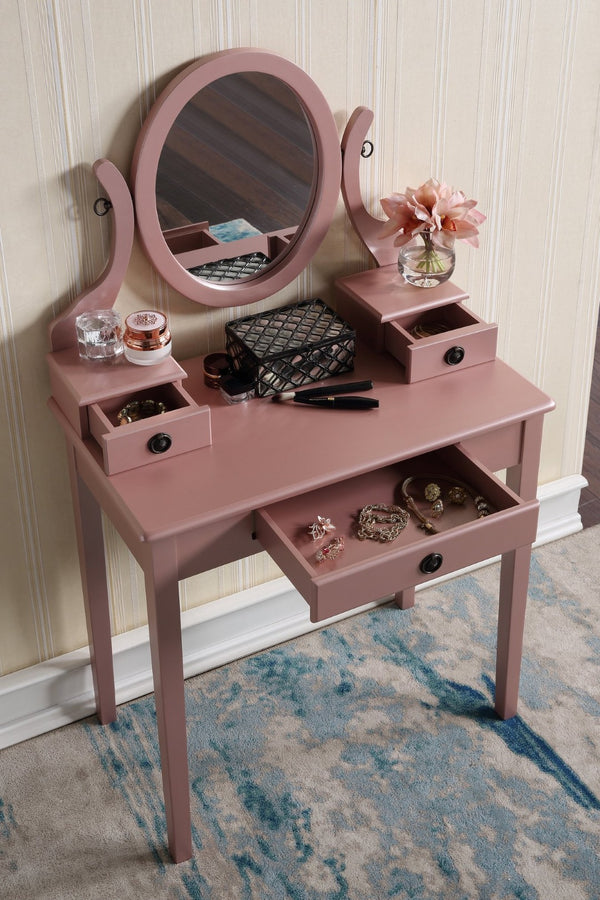 English Elm Moniys Wood Makeup Vanity Table with Swivel Mirror Three Drawers and Upholstered Stool Rose Gold T2574P163833