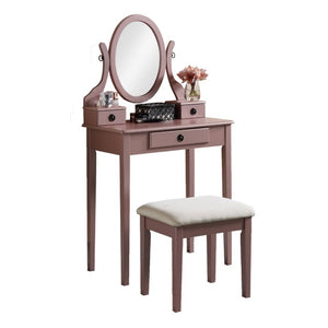 English Elm Moniys Wood Makeup Vanity Table with Swivel Mirror Three Drawers and Upholstered Stool Rose Gold T2574P163833