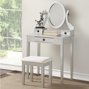 English Elm Moniys Wood Makeup Vanity Table with Swivel Mirror Three Drawers and Upholstered Stool Silver T2574P163834