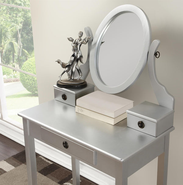 English Elm Moniys Wood Makeup Vanity Table with Swivel Mirror Three Drawers and Upholstered Stool Silver T2574P163834
