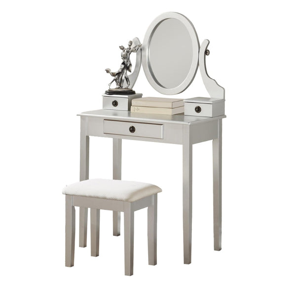 English Elm Moniys Wood Makeup Vanity Table with Swivel Mirror Three Drawers and Upholstered Stool Silver T2574P163834