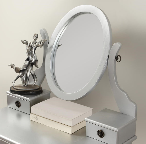 English Elm Moniys Wood Makeup Vanity Table with Swivel Mirror Three Drawers and Upholstered Stool Silver T2574P163834