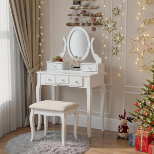 English Elm Ashley Solid Wood Makeup Vanity Set with Tri Mirror Five Drawers and Upholstered Stool White T2574P163837