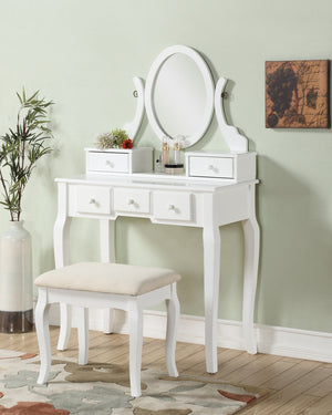 English Elm Ashley Solid Wood Makeup Vanity Set with Tri Mirror Five Drawers and Upholstered Stool White T2574P163837