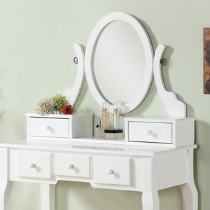 English Elm Ashley Solid Wood Makeup Vanity Set with Tri Mirror Five Drawers and Upholstered Stool White T2574P163837