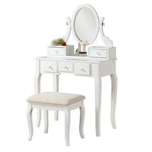 English Elm Ashley Solid Wood Makeup Vanity Set with Tri Mirror Five Drawers and Upholstered Stool White T2574P163837