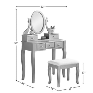 English Elm Ashley Solid Wood Makeup Vanity Set with Tri Mirror Five Drawers and Upholstered Stool White T2574P163837