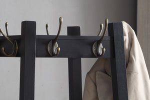 English Elm Vassen Entryway Coat Rack with Three Tiered Shelves Silver Hooks Wood Frame Black T2574P164223