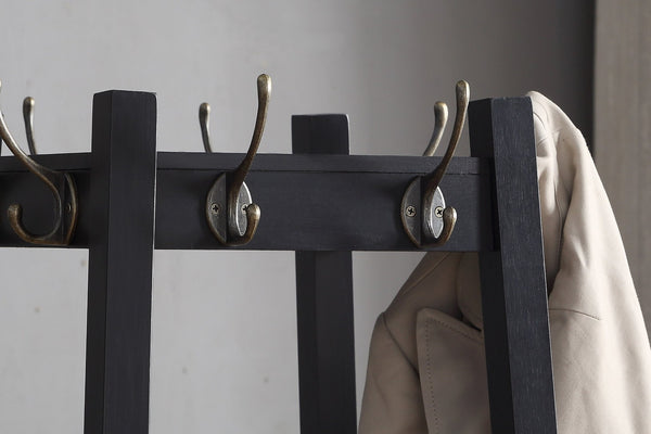 English Elm Vassen Entryway Coat Rack with Three Tiered Shelves Silver Hooks Wood Frame Black T2574P164223