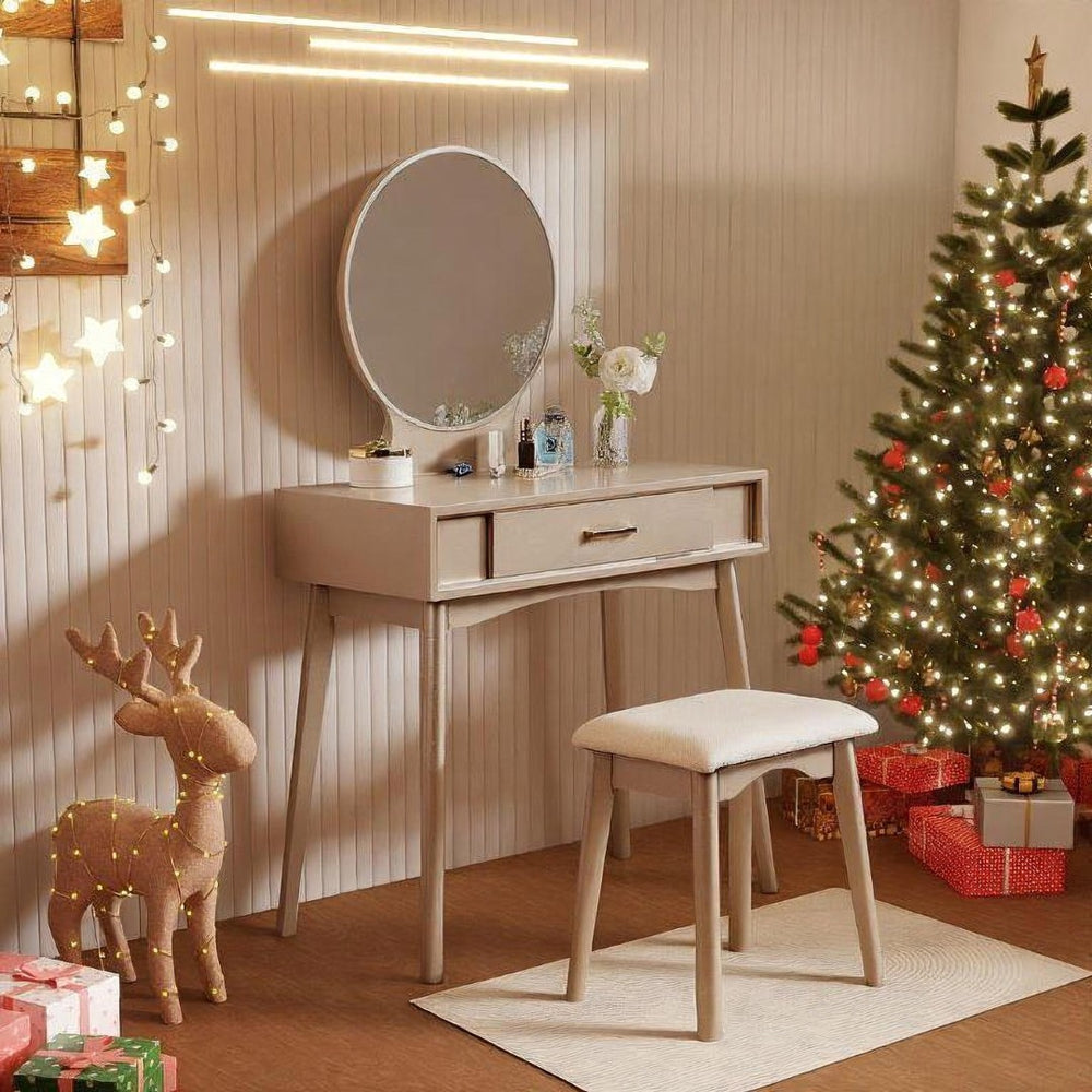English Elm Maly Contemporary Vanity Set with Round Mirror Upholstered Stool and Gold Hardware T2574P164226