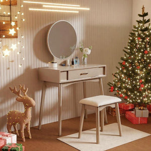 English Elm Maly Contemporary Vanity Set with Round Mirror Upholstered Stool and Gold Hardware T2574P164226