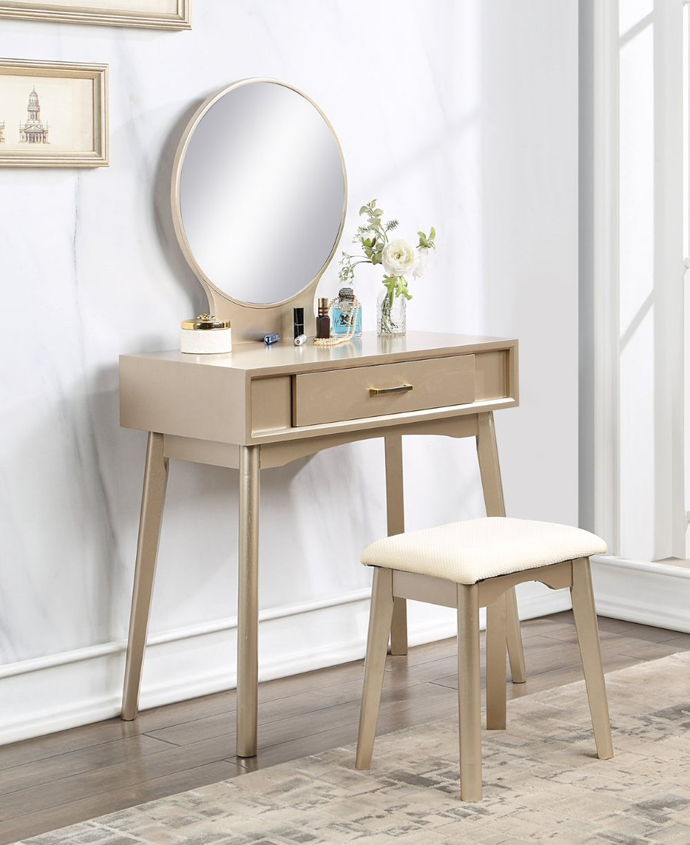 English Elm Maly Contemporary Vanity Set with Round Mirror Upholstered Stool and Gold Hardware T2574P164226
