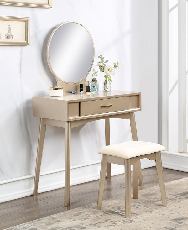 English Elm Maly Contemporary Vanity Set with Round Mirror Upholstered Stool and Gold Hardware T2574P164226