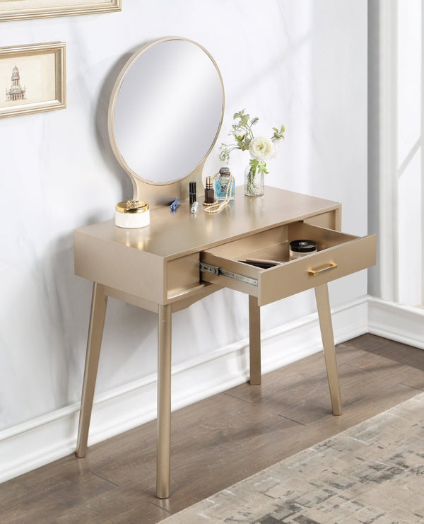 English Elm Maly Contemporary Vanity Set with Round Mirror Upholstered Stool and Gold Hardware T2574P164226
