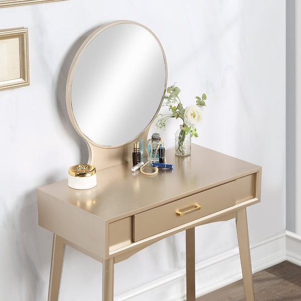 English Elm Maly Contemporary Vanity Set with Round Mirror Upholstered Stool and Gold Hardware T2574P164226