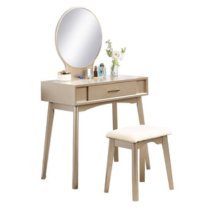 English Elm Maly Contemporary Vanity Set with Round Mirror Upholstered Stool and Gold Hardware T2574P164226