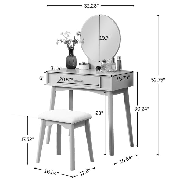English Elm Maly Contemporary Vanity Set with Round Mirror Upholstered Stool and Gold Hardware T2574P164226