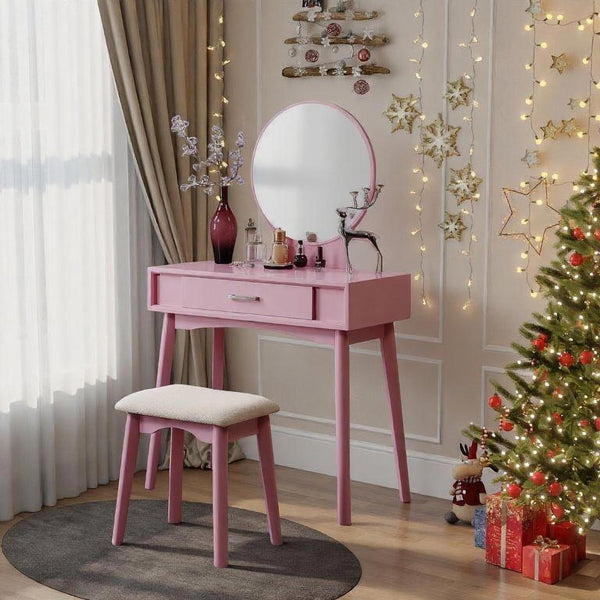 English Elm Maly Contemporary Rubberwood Vanity Set with Cushioned Stool and Round Wall Mirror Pink T2574P164233
