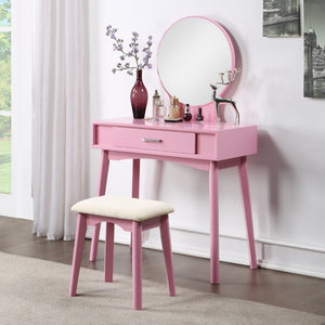 English Elm Maly Contemporary Rubberwood Vanity Set with Cushioned Stool and Round Wall Mirror Pink T2574P164233