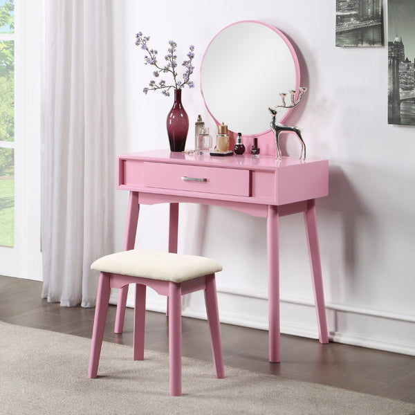 English Elm Maly Contemporary Rubberwood Vanity Set with Cushioned Stool and Round Wall Mirror Pink T2574P164233