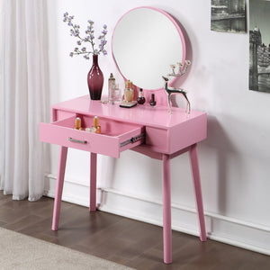 English Elm Maly Contemporary Rubberwood Vanity Set with Cushioned Stool and Round Wall Mirror Pink T2574P164233