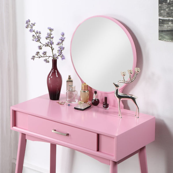 English Elm Maly Contemporary Rubberwood Vanity Set with Cushioned Stool and Round Wall Mirror Pink T2574P164233