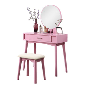 English Elm Maly Contemporary Rubberwood Vanity Set with Cushioned Stool and Round Wall Mirror Pink T2574P164233