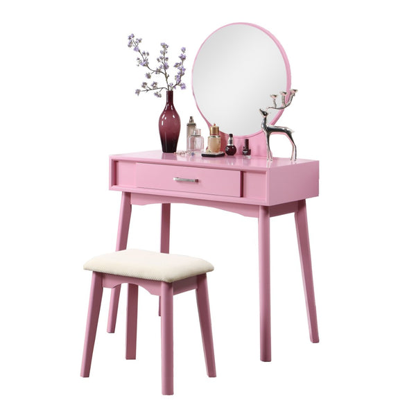English Elm Maly Contemporary Rubberwood Vanity Set with Cushioned Stool and Round Wall Mirror Pink T2574P164233
