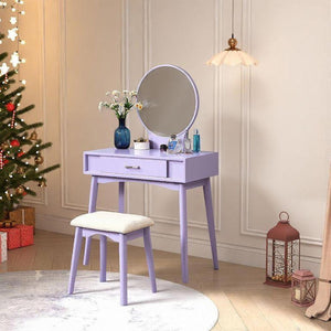 English Elm Maly Contemporary Rubberwood Vanity Set with Cushioned Stool and Round Wall Mirror Purple T2574P164234