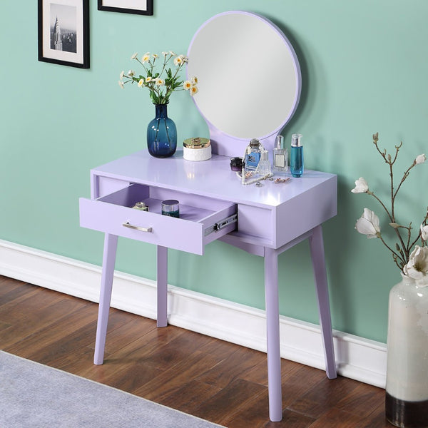 English Elm Maly Contemporary Rubberwood Vanity Set with Cushioned Stool and Round Wall Mirror Purple T2574P164234
