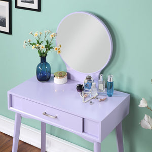 English Elm Maly Contemporary Rubberwood Vanity Set with Cushioned Stool and Round Wall Mirror Purple T2574P164234