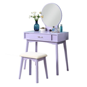 English Elm Maly Contemporary Rubberwood Vanity Set with Cushioned Stool and Round Wall Mirror Purple T2574P164234
