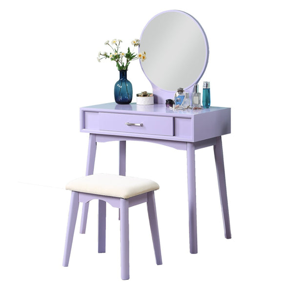 English Elm Maly Contemporary Rubberwood Vanity Set with Cushioned Stool and Round Wall Mirror Purple T2574P164234