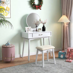 English Elm Maly Modern Wood Vanity Set with Round Mirror Cushioned Stool and Storage Drawer T2574P164235