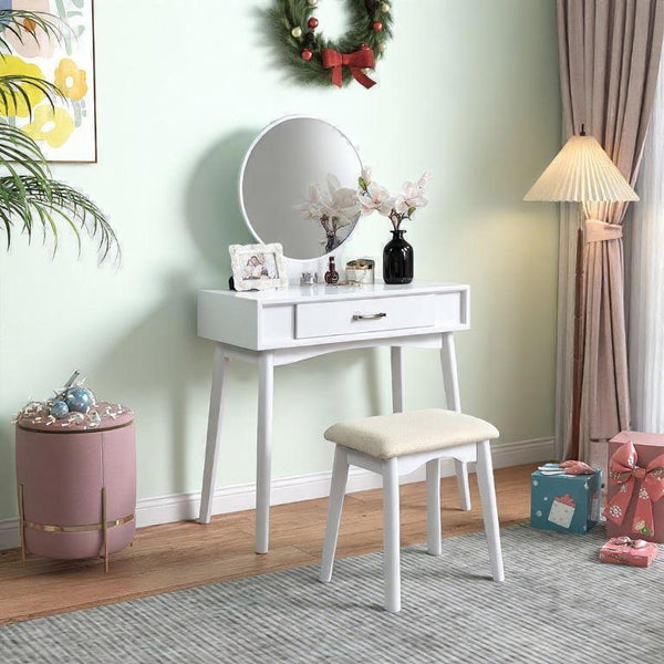 English Elm Maly Modern Wood Vanity Set with Round Mirror Cushioned Stool and Storage Drawer T2574P164235