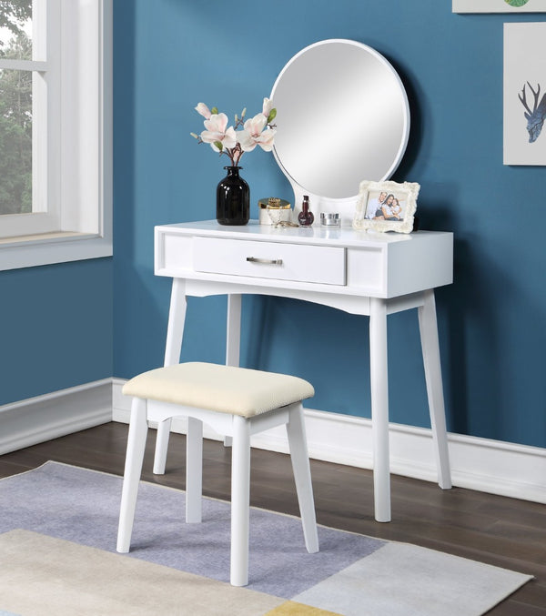 English Elm Maly Modern Wood Vanity Set with Round Mirror Cushioned Stool and Storage Drawer T2574P164235