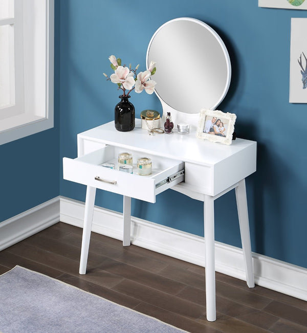 English Elm Maly Modern Wood Vanity Set with Round Mirror Cushioned Stool and Storage Drawer T2574P164235