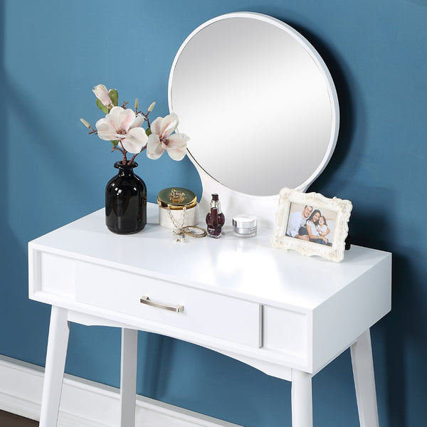 English Elm Maly Modern Wood Vanity Set with Round Mirror Cushioned Stool and Storage Drawer T2574P164235
