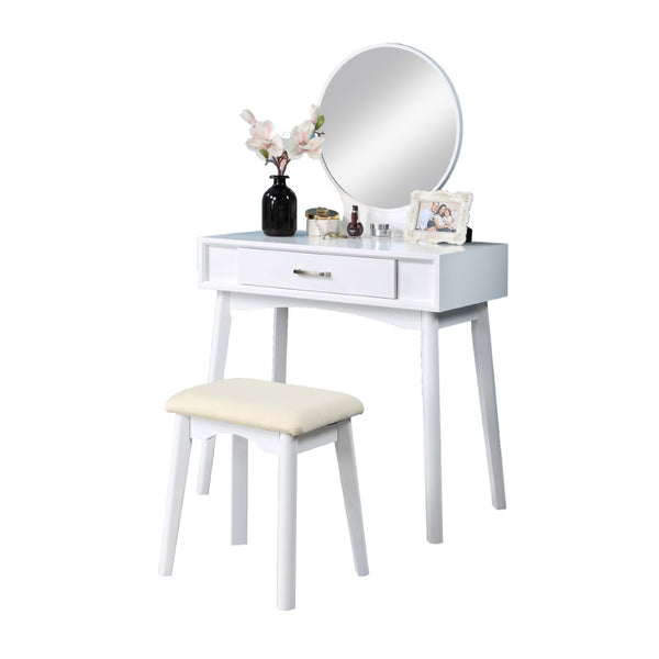English Elm Maly Modern Wood Vanity Set with Round Mirror Cushioned Stool and Storage Drawer T2574P164235