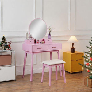 English Elm Liannon Contemporary Rubberwood Bedroom Vanity Table Set with Mirror and Cushioned Stool T2574P164237