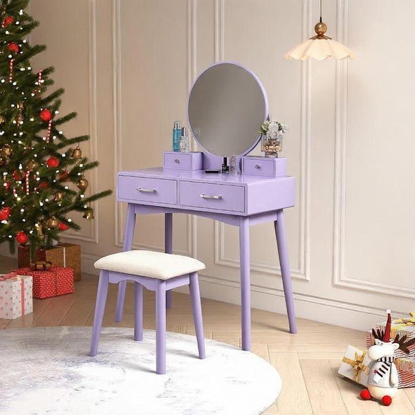English Elm Liannon Contemporary Rubberwood Vanity Set with Round Mirror and Cushioned Stool T2574P164238