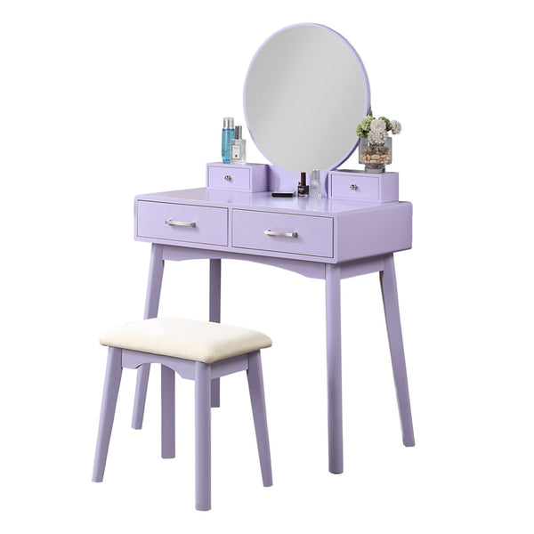 English Elm Liannon Contemporary Rubberwood Vanity Set with Round Mirror and Cushioned Stool T2574P164238