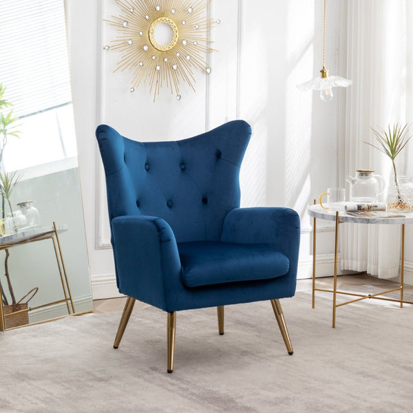 English Elm Sovarol Tufted Velvet Wingback Accent Chair with Gold Legs for Glam Interiors Blue T2574P164251