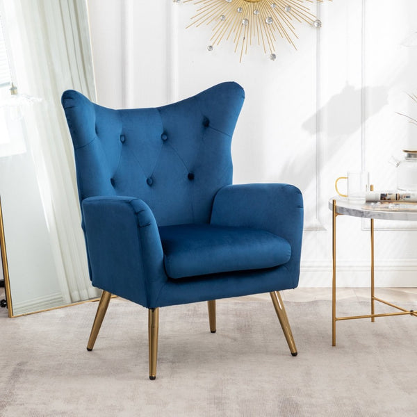 English Elm Sovarol Tufted Velvet Wingback Accent Chair with Gold Legs for Glam Interiors Blue T2574P164251