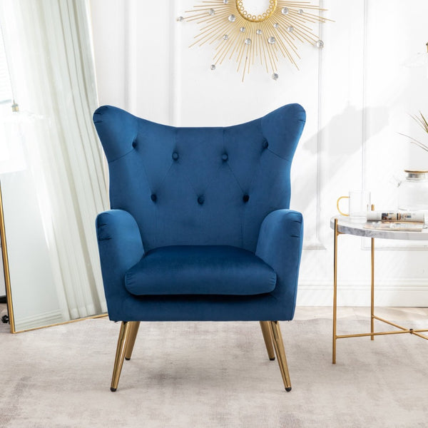 English Elm Sovarol Tufted Velvet Wingback Accent Chair with Gold Legs for Glam Interiors Blue T2574P164251