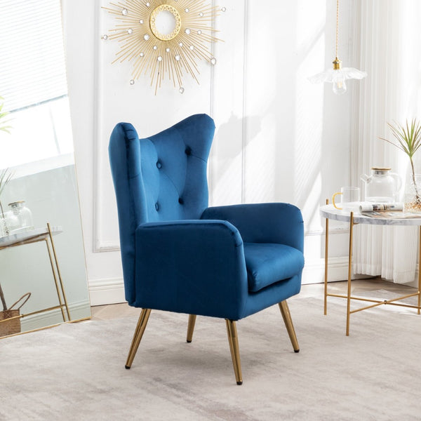 English Elm Sovarol Tufted Velvet Wingback Accent Chair with Gold Legs for Glam Interiors Blue T2574P164251