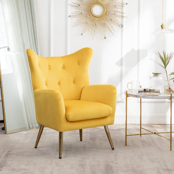 English Elm Sovarol Tufted Velvet Wingback Accent Chair with Gold Legs for Glam Interiors Yellow T2574P164253